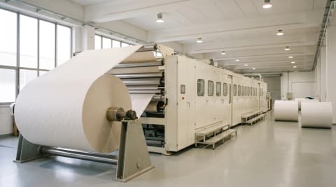 Large roll of white kraft paper feeding a paper bag machine in a bright factory hall
