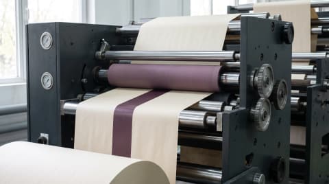 Flexo printing unit laying a single band of plum ink on a white paper web
